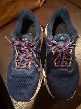 ASICS Navy Sneakers with Purple Laces and Yellow Accents